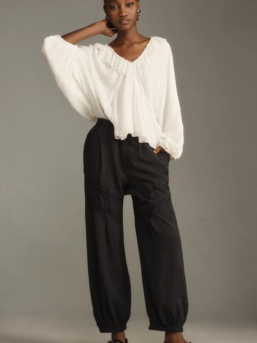 Anthropologie Black Elastic-Hem Lace-Trim Cropped Pants